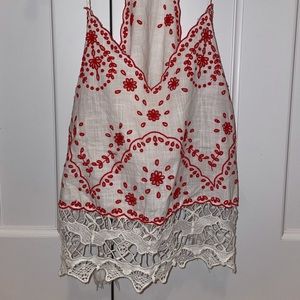 Free People White Flowy Tank with Red Stitching